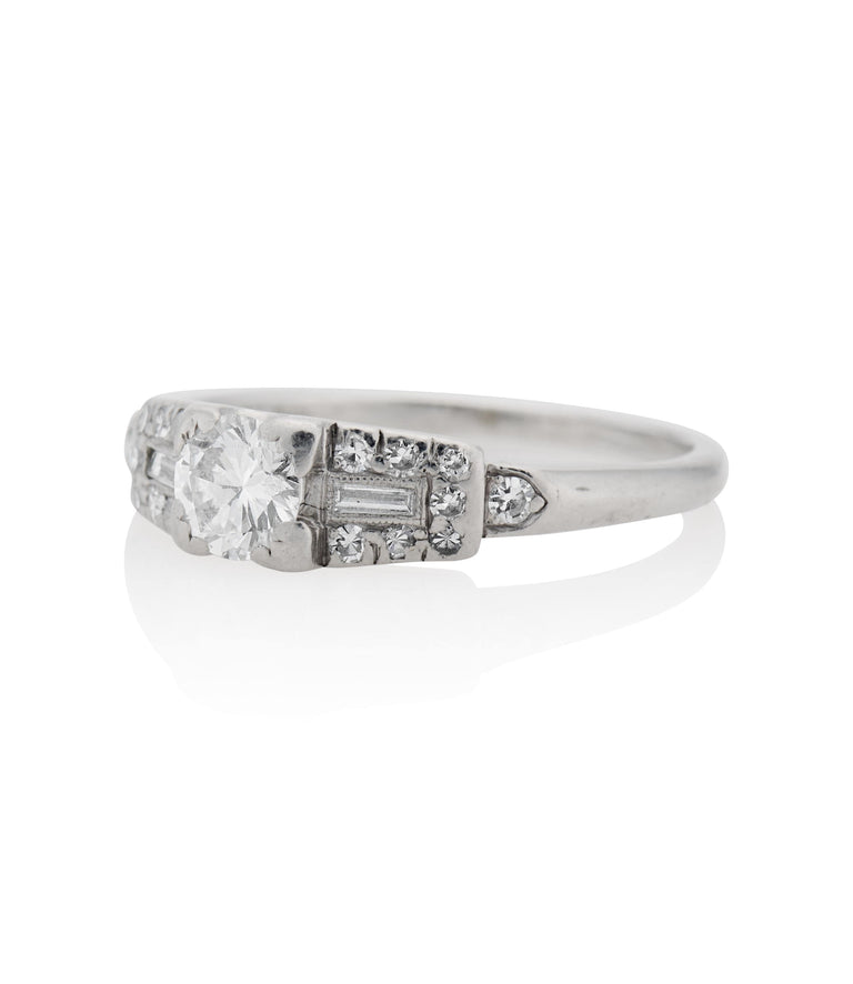 Art Deco .30 Carat Round Brilliant Cut Diamond Platinum Vintage Engagement Ring