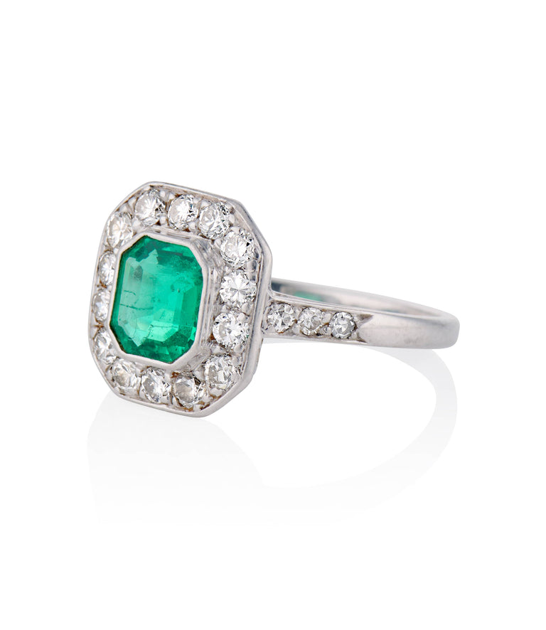 Art Deco .60 Carat Octagonal Columbian F2 Emerald anArt Deco .60 Carat Octagonal Columbian Emerald and Diamond Platinum Vintage Engagement Ringd Diamond Platinum Ring