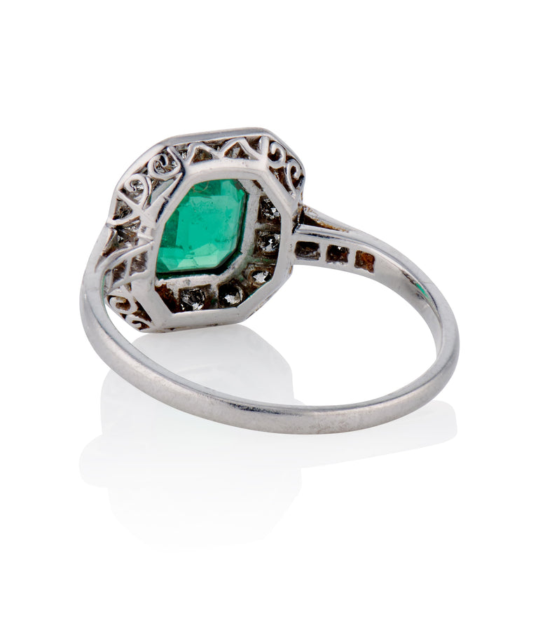 Art Deco .60 Carat Octagonal Columbian Emerald and Diamond Platinum Vintage Engagement Ring