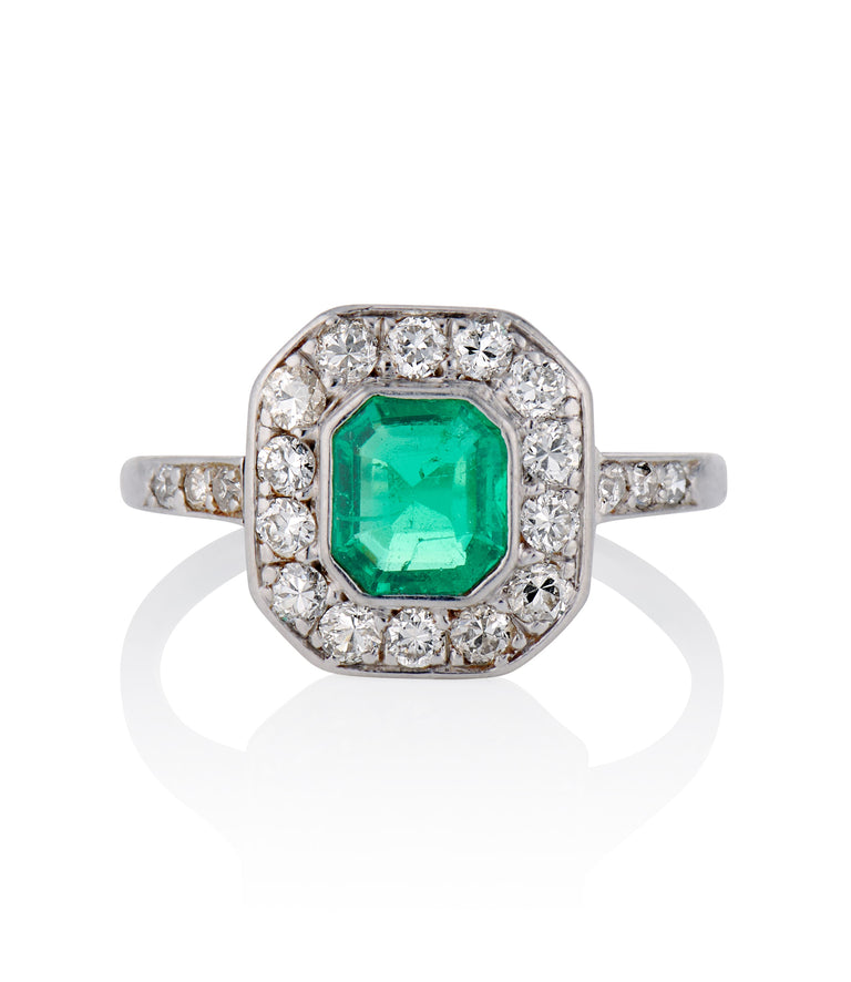 Art Deco .60 Carat Octagonal Columbian Emerald and Diamond Platinum Vintage Engagement Ring