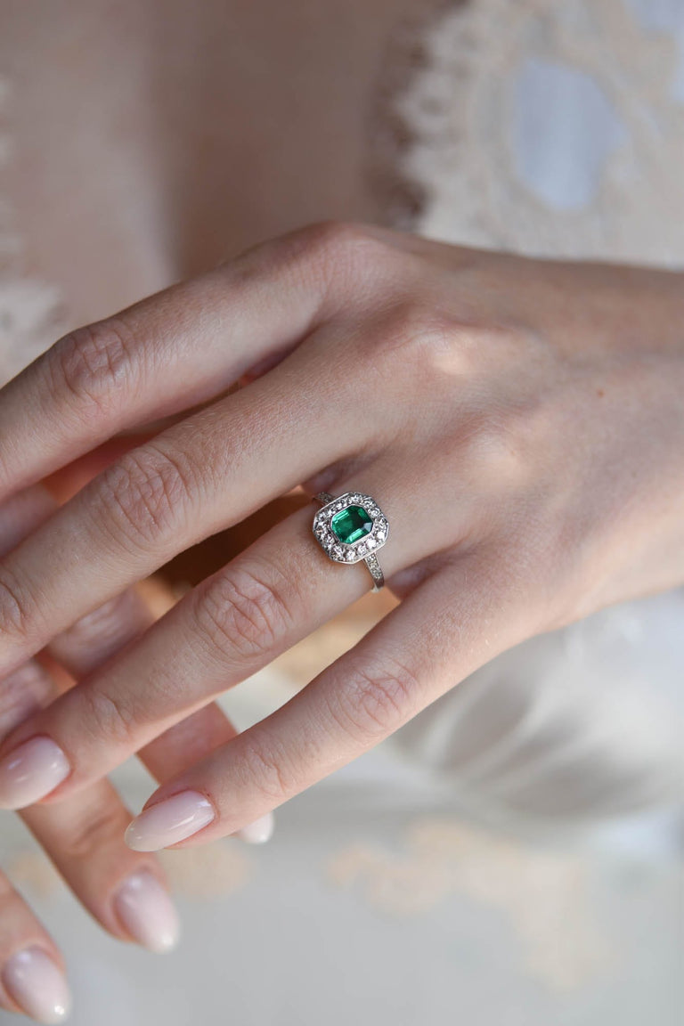 Art Deco .60 Carat Octagonal Columbian Emerald and Diamond Platinum Vintage Engagement Ring