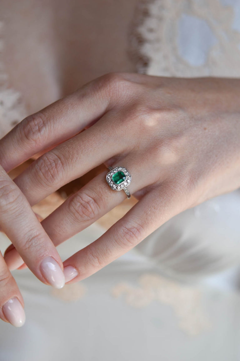 Art Deco .60 Carat Octagonal Columbian Emerald and Diamond Platinum Vintage Engagement Ring
