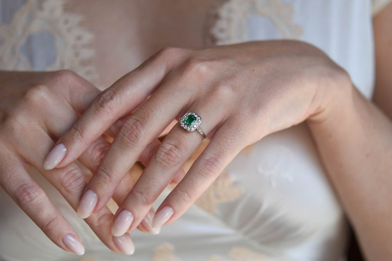 Art Deco .60 Carat Octagonal Columbian Emerald and Diamond Platinum Vintage Engagement Ring