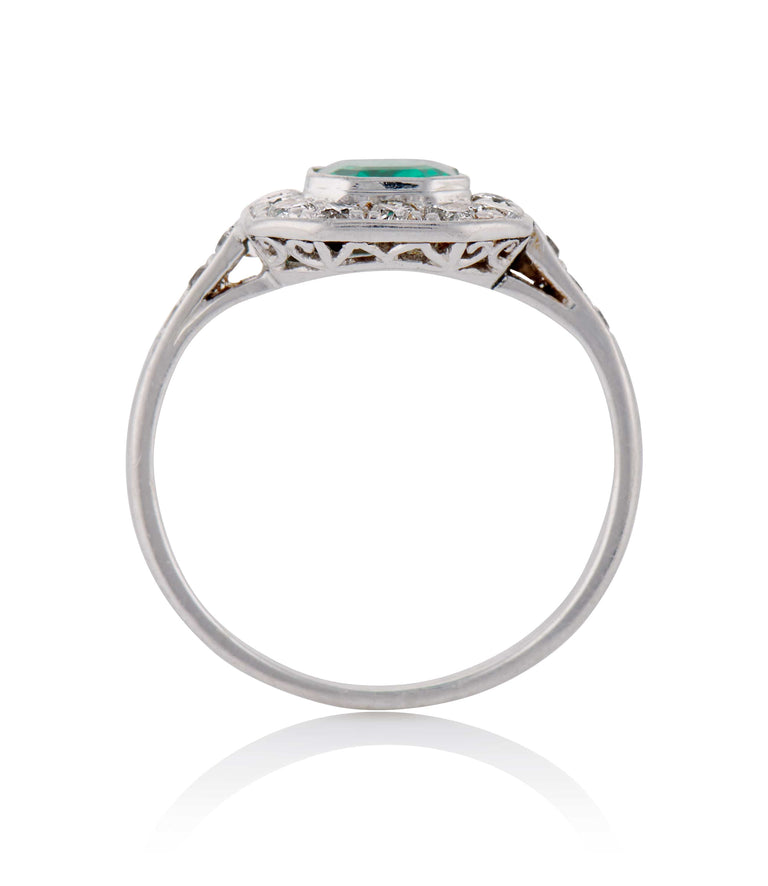 Art Deco .60 Carat Octagonal Columbian Emerald and Diamond Platinum Vintage Engagement Ring