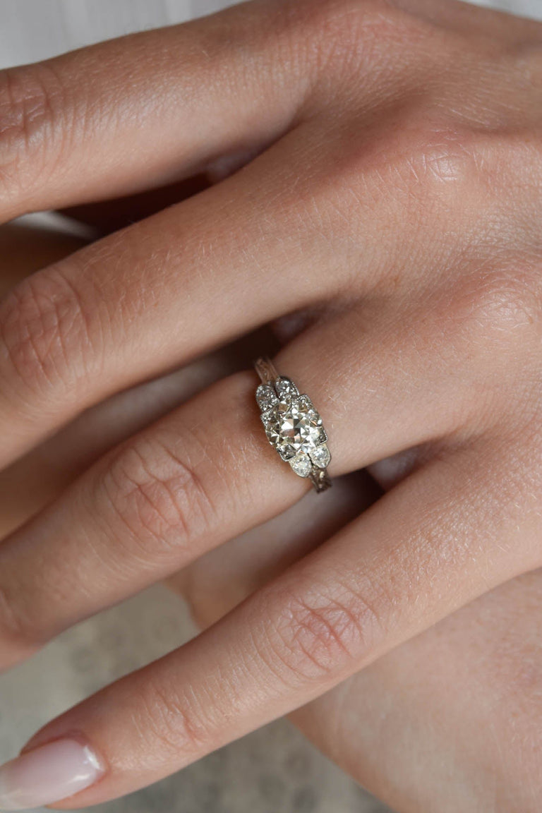 Art Deco 1.12 Carat Old European Cut Diamond Platinum Vintage Engagement Ring
