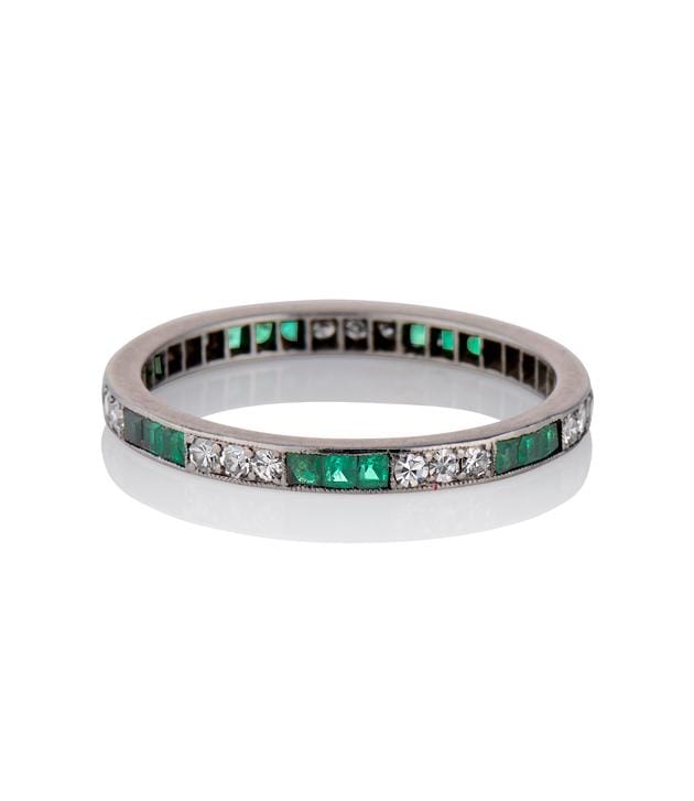 Art Deco Diamond and Emerald Vintage Eternity Wedding Band - Size 7.25