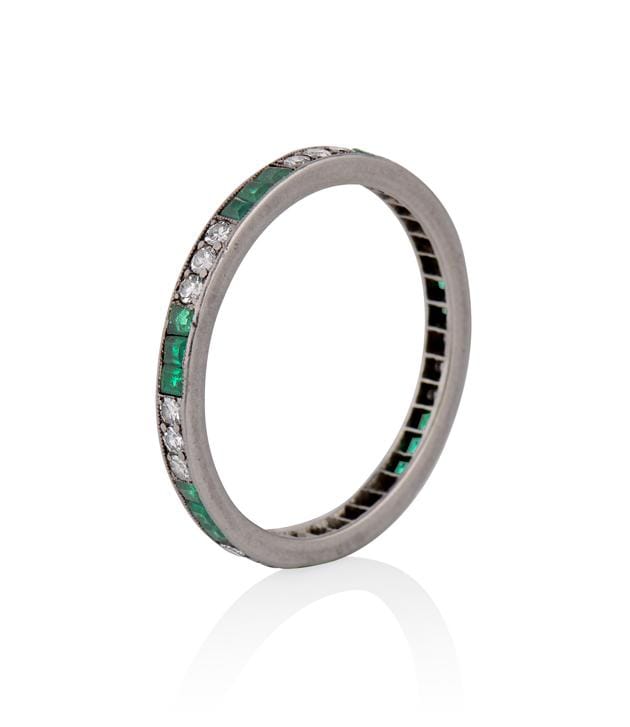Art Deco Diamond and Emerald Vintage Eternity Wedding Band - Size 7.25