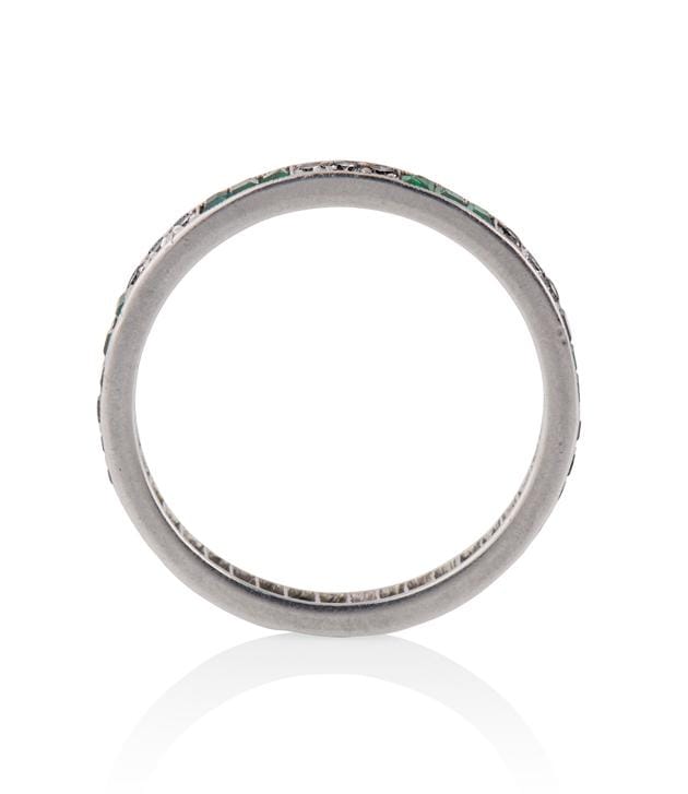 Art Deco Diamond and Emerald Vintage Eternity Wedding Band - Size 7.25