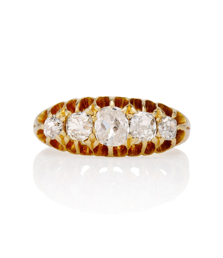 Victorian 1.40 carat Old Mine Cut Diamond Yellow Gold Antique Five Stone Carved Band