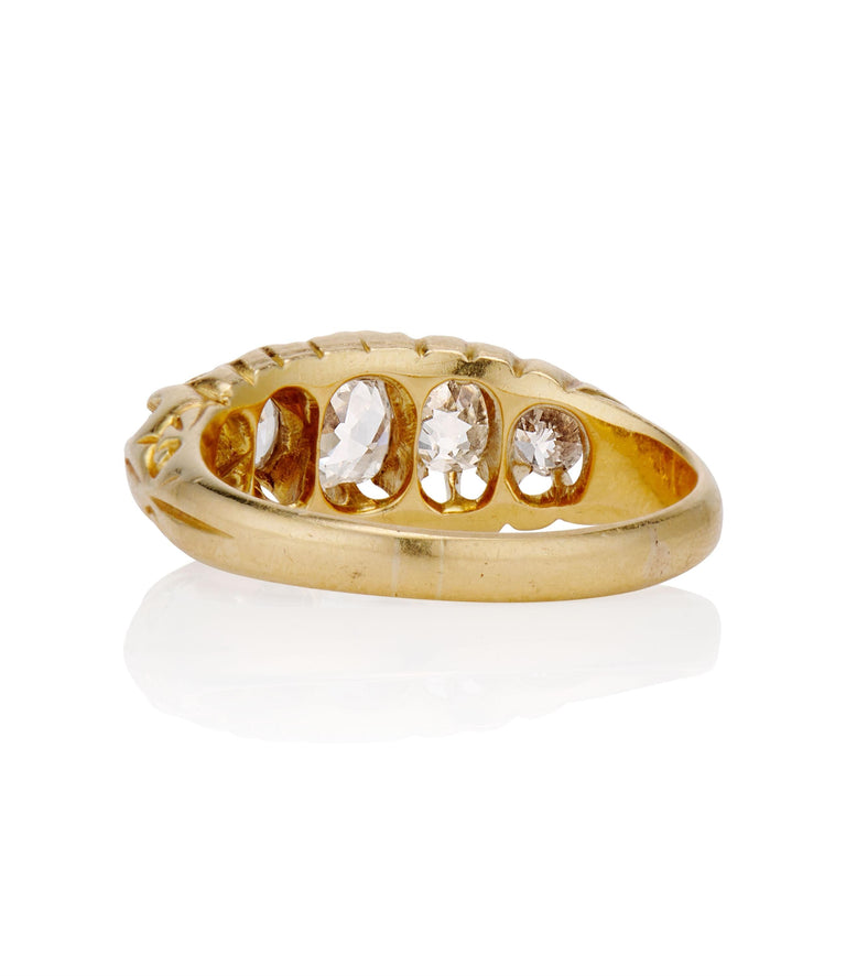 Victorian 1.40 carat Old Mine Cut Diamond Yellow Gold Antique Five Stone Carved Band