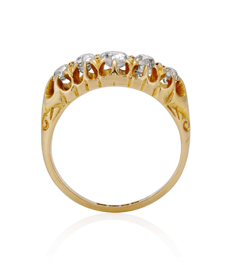 Victorian 1.40 carat Old Mine Cut Diamond Yellow Gold Antique Five Stone Carved Band