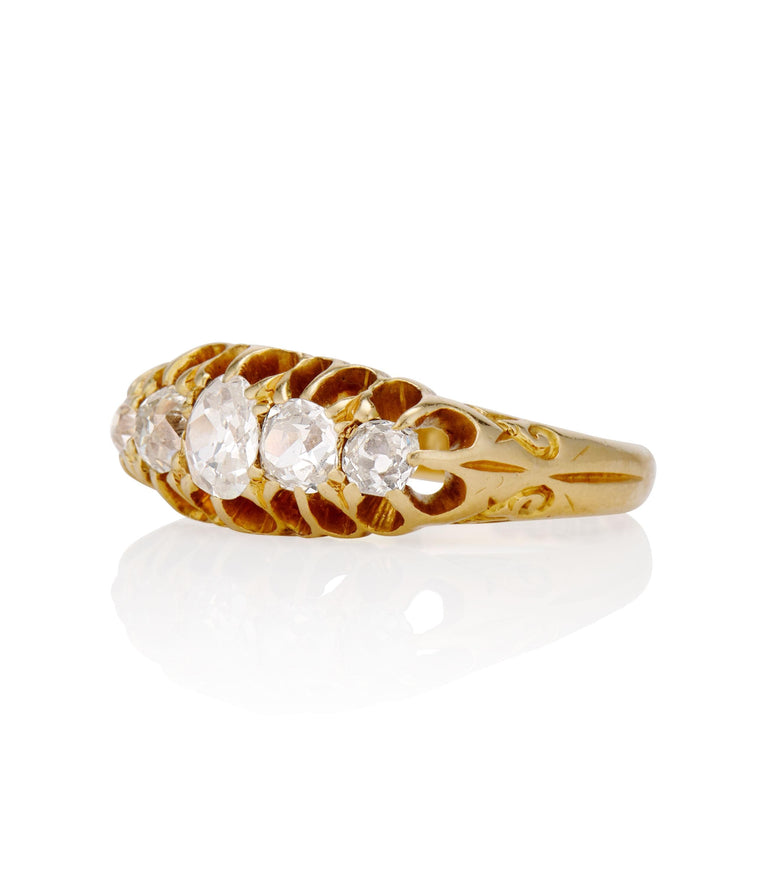 Victorian 1.40 carat Old Mine Cut Diamond Yellow Gold Antique Five Stone Carved Band