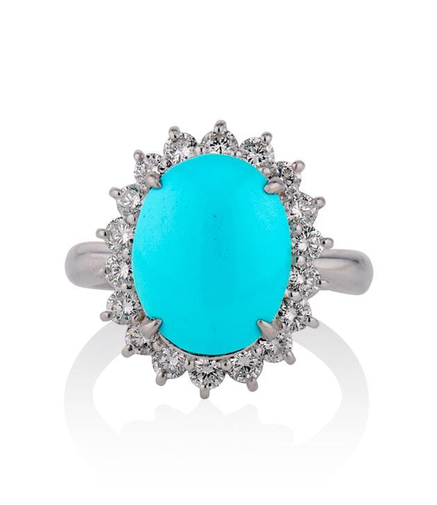 Contemporary Natural Persian Turquoise and Diamond Platinum Cluster Ring
