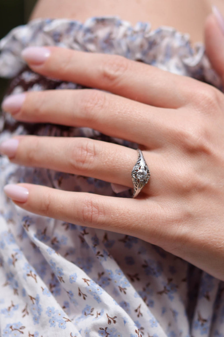 Edwardian .34 Carat Old European Cut Diamond Platinum Antique Engagement Ring
