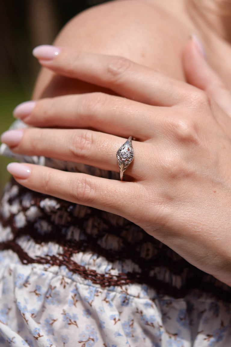 Edwardian .34 Carat Old European Cut Diamond Platinum Antique Engagement Ring