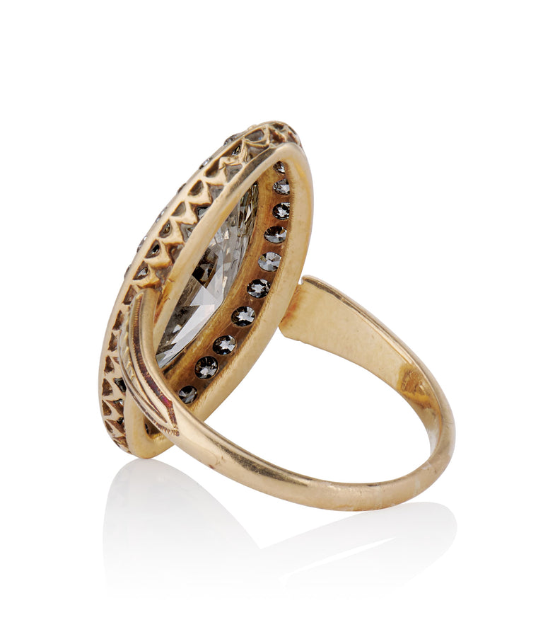 Exceptional French Victorian 3.13 Carat Marquise Diamond Yellow Gold Navette Antique Engagement Ring