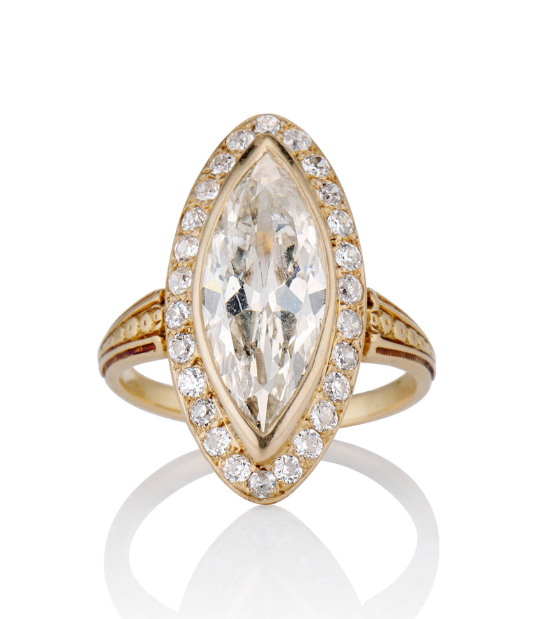 Exceptional French Victorian 3.13 Carat Marquise Diamond Yellow Gold Navette Antique Engagement Ring