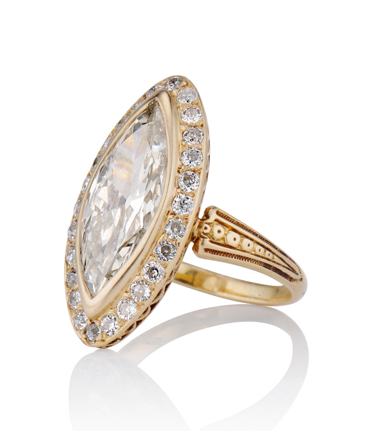 Exceptional French Victorian 3.13 Carat Marquise Diamond Yellow Gold Navette Antique Engagement Ring