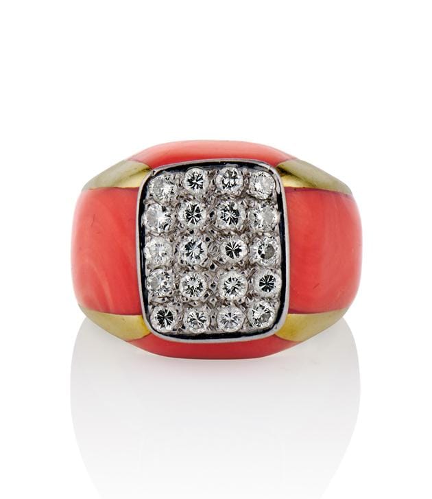 Italian 1960's Diamond and Coral Yellow Gold Vintage Cocktail Ring