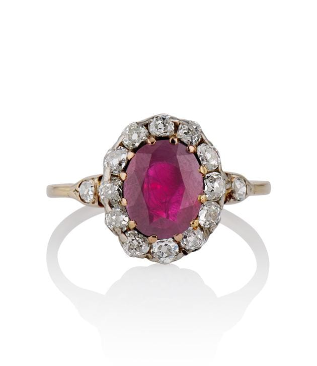 Late Victorian 2 Carat Oval Burma Heated Ruby and Diamond Cluster Ring
