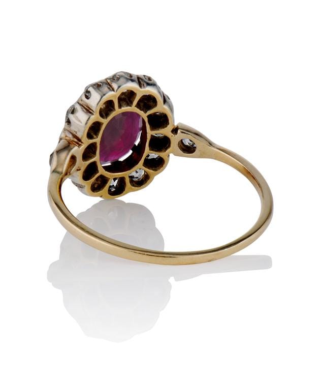 Late Victorian 2 Carat Oval Burma Heated Ruby and Diamond Cluster Ring