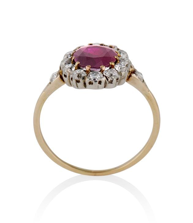 Late Victorian 2 Carat Oval Burma Heated Ruby and Diamond Cluster Ring