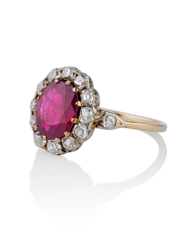 Late Victorian 2 Carat Oval Burma Heated Ruby and Diamond Cluster Ring