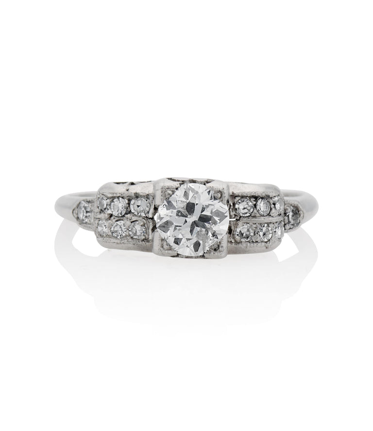 Midcentury .60 Carat Transitional Cut Diamond Platinum Vintage Engagement Ring