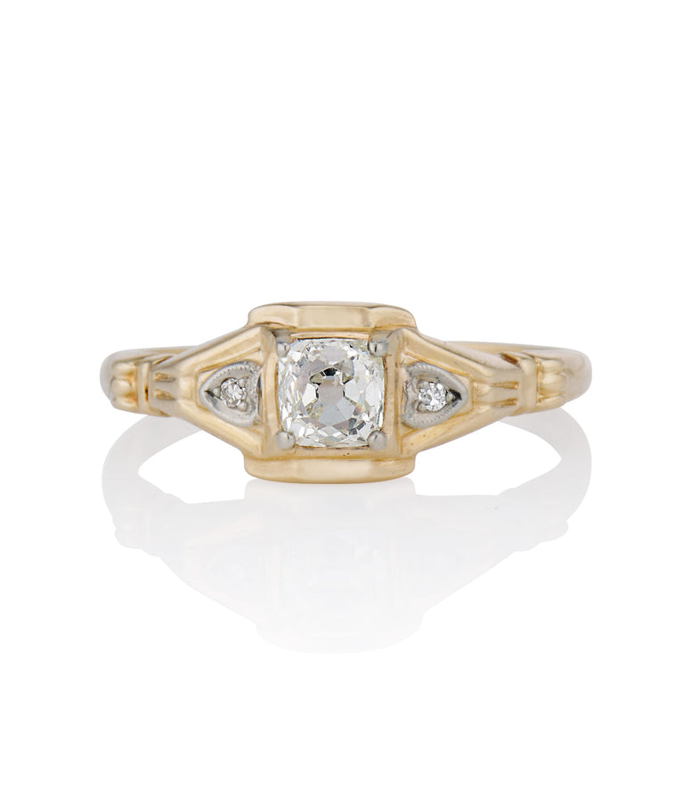 Retro .36 Carat Old Mine Cut Diamond Yellow Gold Vintage Engagement Ring