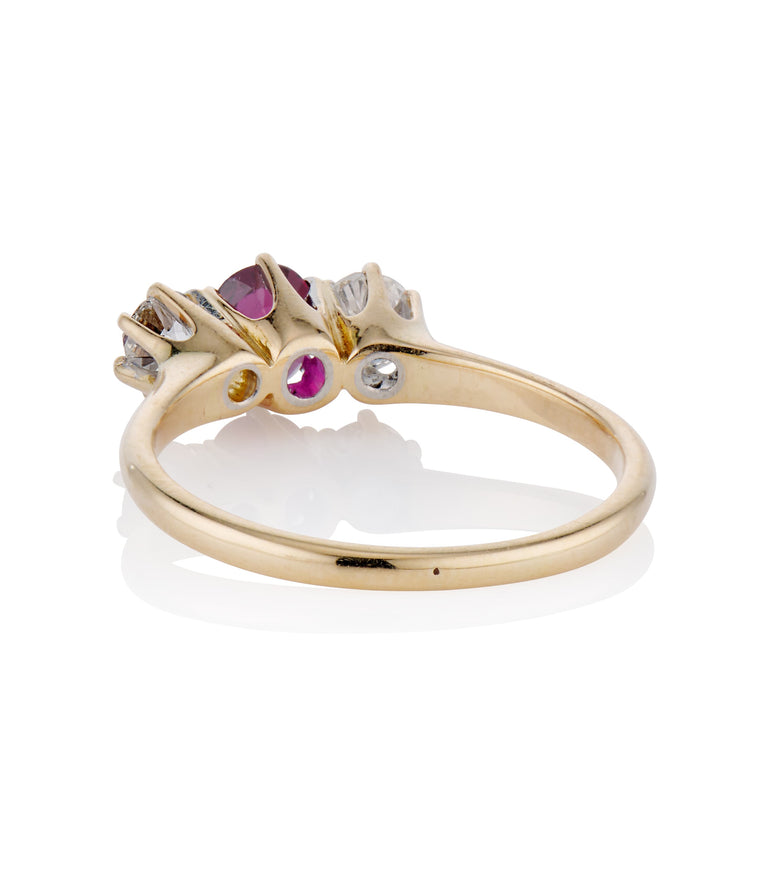 Victorian .60 Carat Oval No Heat Ruby and Diamond Yellow Gold Three Stone Antique Engagement Ring