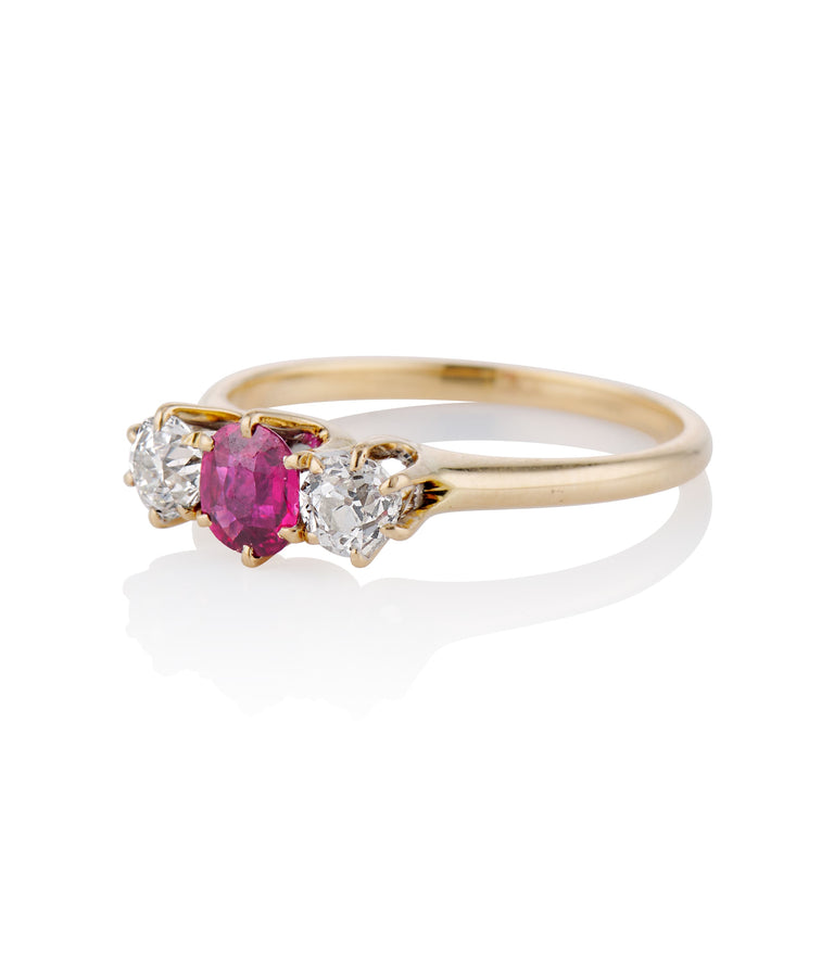 Victorian .60 Carat Oval No Heat Ruby and Diamond Yellow Gold Three Stone Antique Engagement Ring