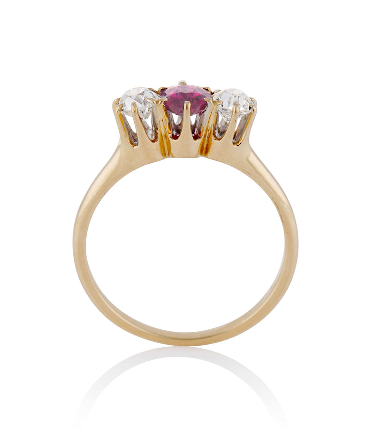 Victorian .60 Carat Oval No Heat Ruby and Diamond Yellow Gold Three Stone Antique Engagement Ring