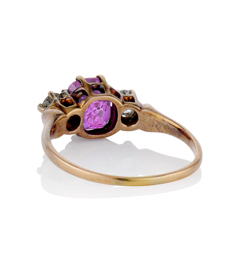 Victorian 1.25 Carat Pink Sapphire & Diamond Yellow Gold Three Stone Antique Engagement Ring