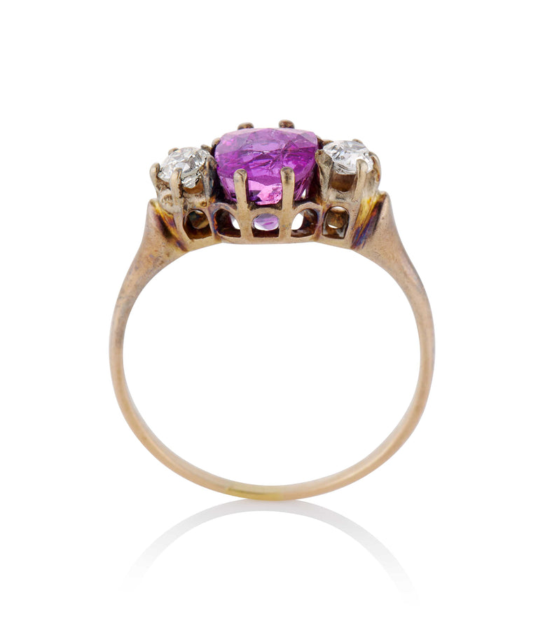 Victorian 1.25 Carat Pink Sapphire & Diamond Yellow Gold Three Stone Antique Engagement Ring