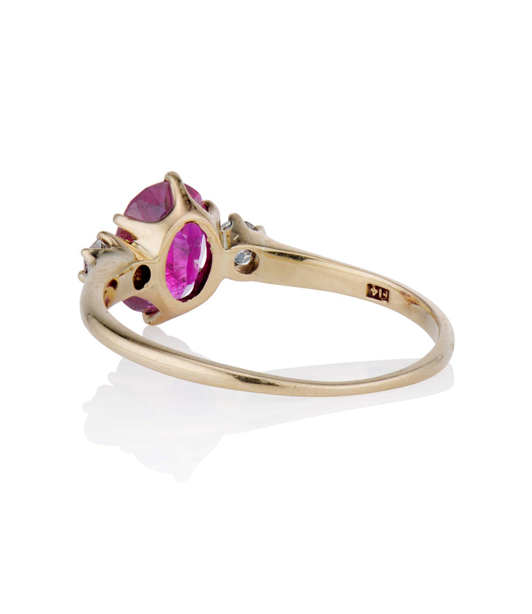 Victorian 1.26 Carat Oval Afganistan No Heat Ruby and Diamond Yellow Gold Antique Three Stone Engagement Ring