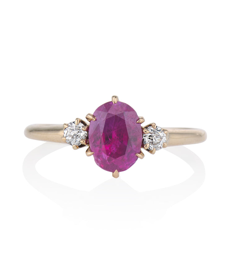 Victorian 1.26 Carat Oval Afganistan No Heat Ruby and Diamond Yellow Gold Antique Three Stone Engagement Ring