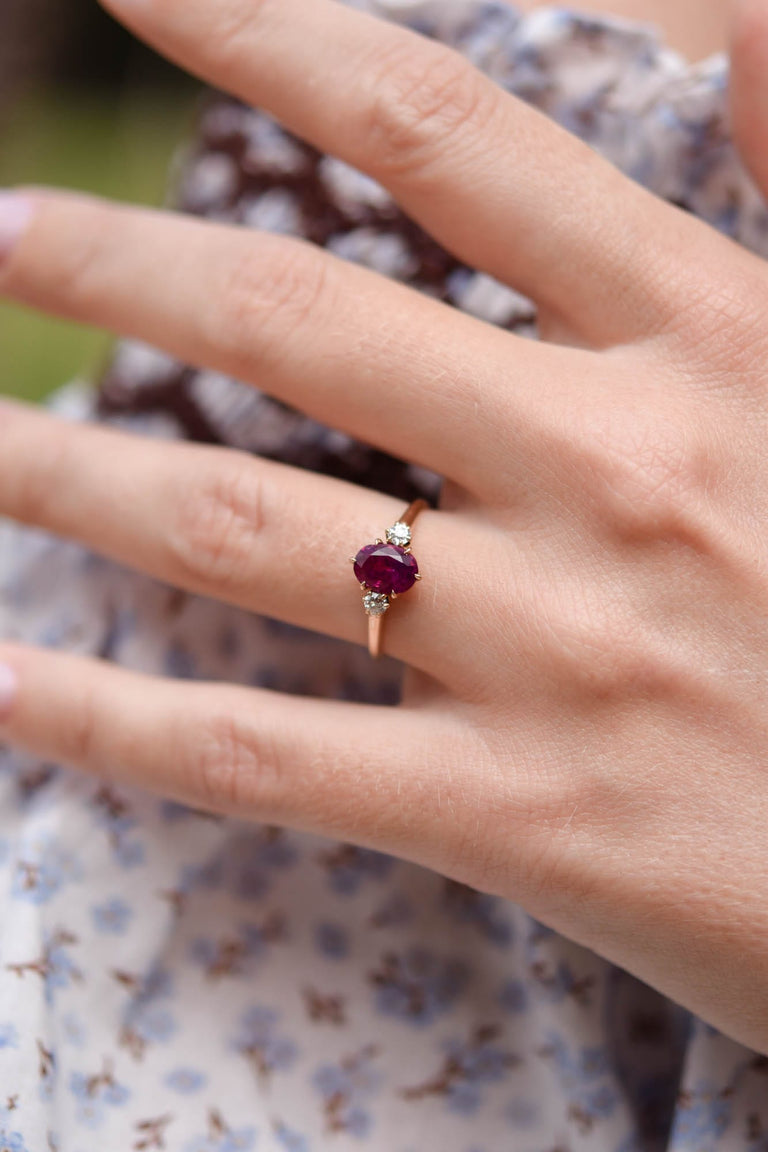 Victorian 1.26 Carat Oval Afganistan No Heat Ruby and Diamond Yellow Gold Antique Three Stone Engagement Ring