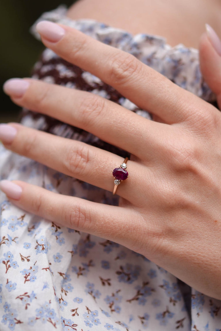 Victorian 1.26 Carat Oval Afganistan No Heat Ruby and Diamond Yellow Gold Antique Three Stone Engagement Ring