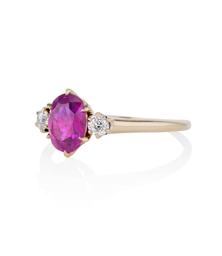 Victorian 1.26 Carat Oval Afganistan No Heat Ruby and Diamond Yellow Gold Antique Three Stone Engagement Ring