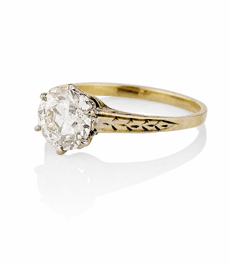 Victorian 1.46 Carat Old European Cut Diamond Engraved Yellow Gold Solitaire Antique Engagement Ring