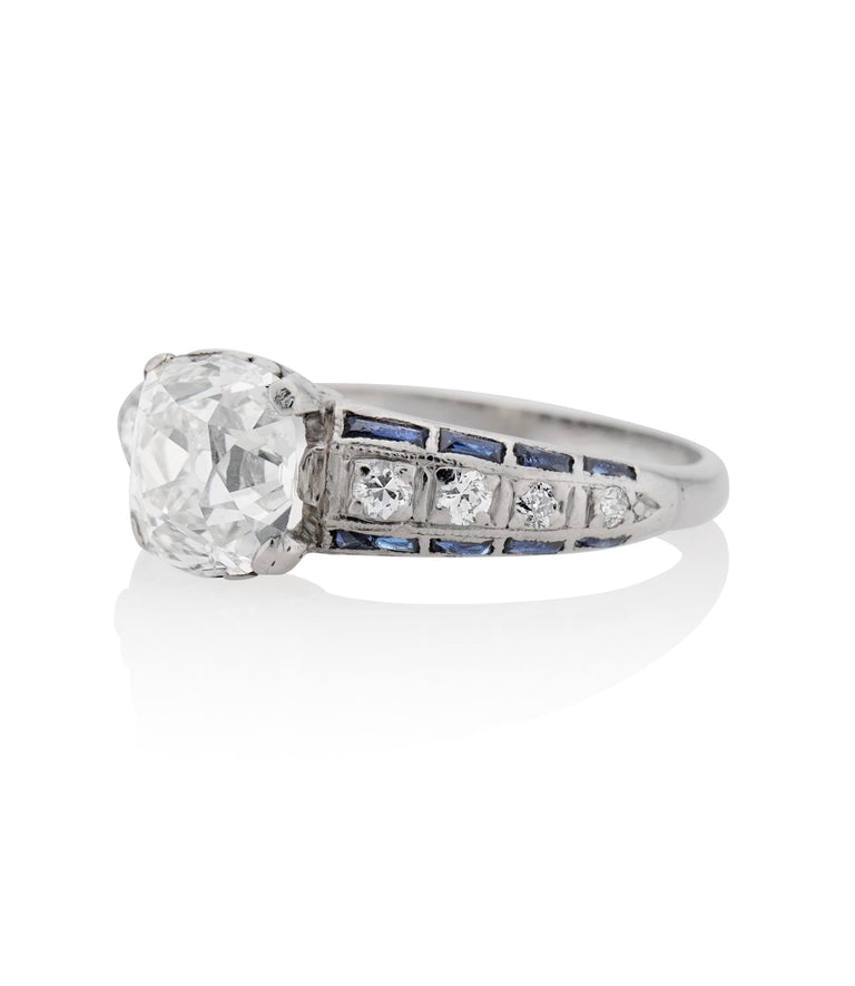 Art Deco 1.65 Carat Old European Cut Diamond and Baguette Cut Sapphire Platinum Vintage Engagement Ring