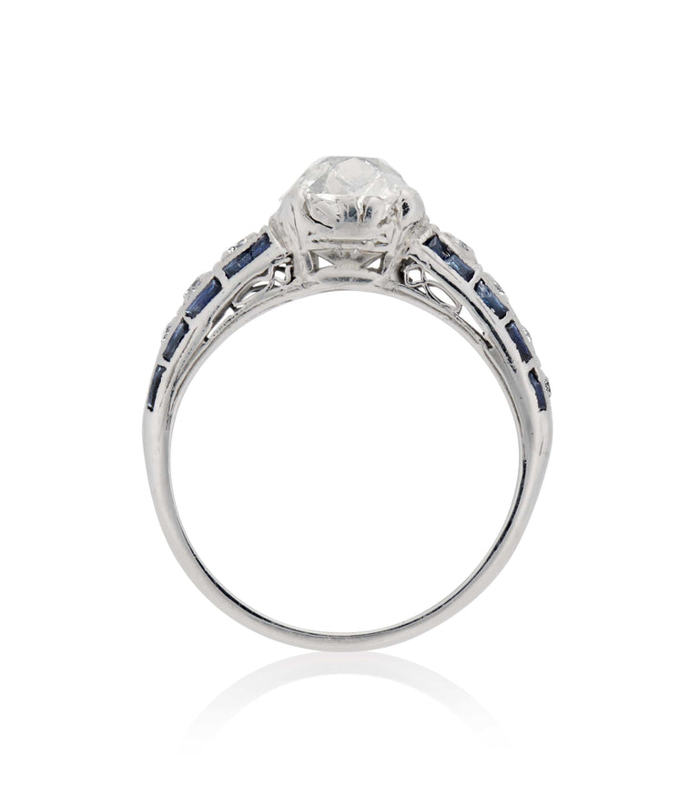Art Deco 1.65 Carat Old European Cut Diamond and Baguette Cut Sapphire Platinum Vintage Engagement Ring