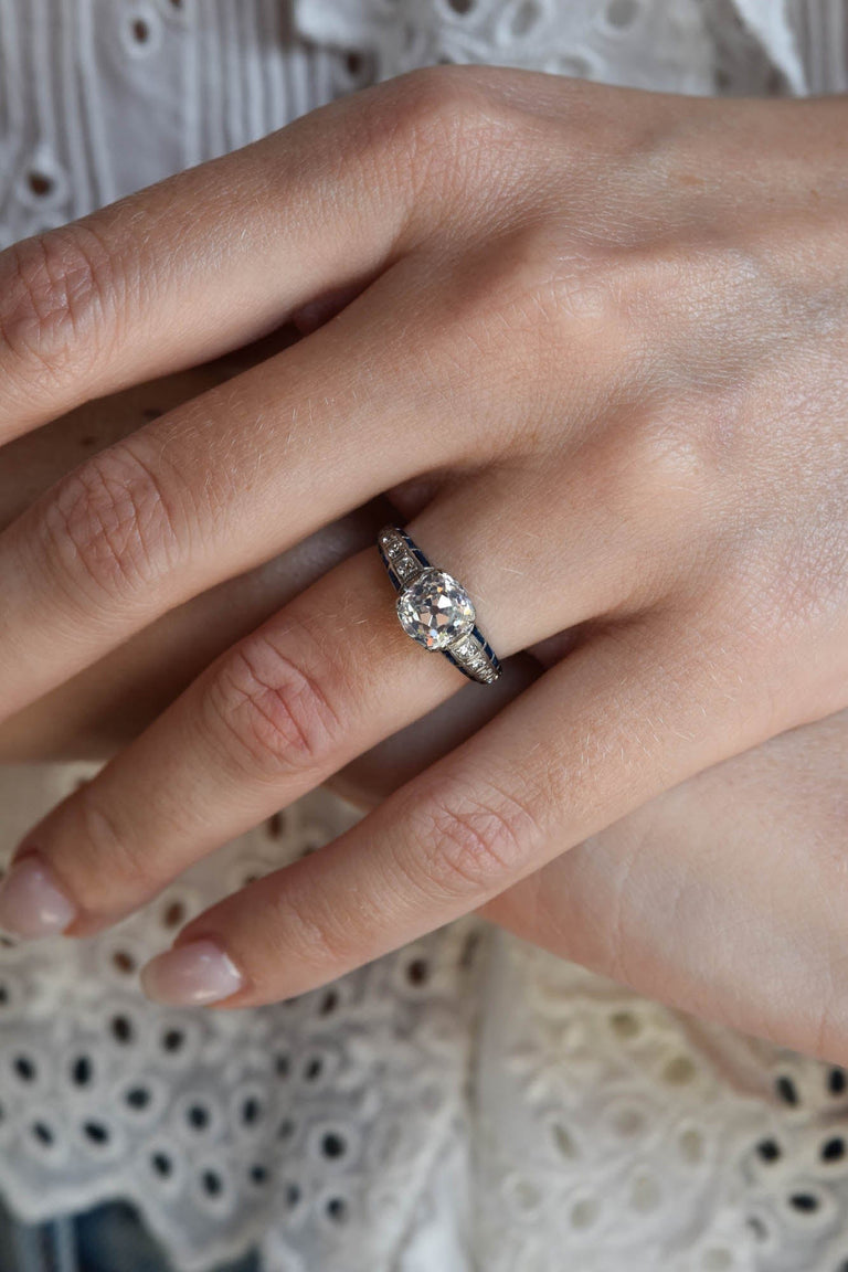 Art Deco 1.65 Carat Old European Cut Diamond and Baguette Cut Sapphire Platinum Vintage Engagement Ring