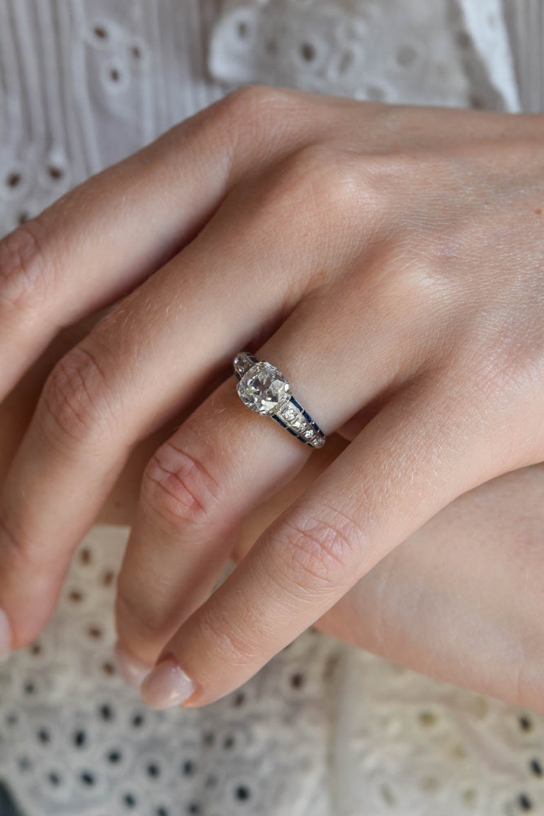 Art Deco 1.65 Carat Old European Cut Diamond and Baguette Cut Sapphire Platinum Vintage Engagement Ring