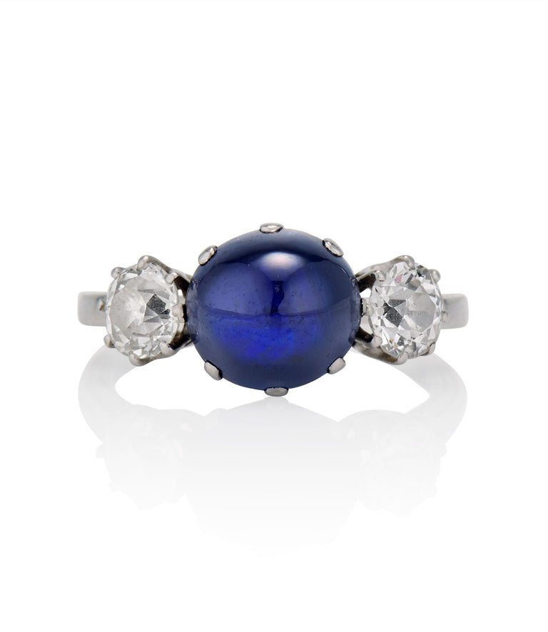 Art Deco 2.75 Carat Cabochon No Heat Sapphire and Diamond Platinum Three Stone Engagement Ring