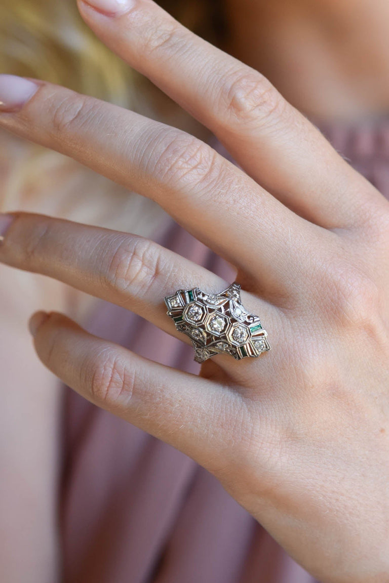 Art Deco .25 Carat Diamond and Simulated Emerald White Gold Navette Vintage Cocktail Ring