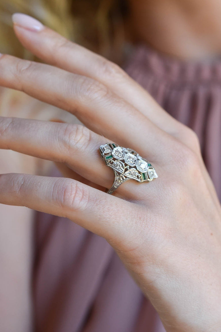 Art Deco .25 Carat Diamond and Simulated Emerald White Gold Navette Vintage Cocktail Ring