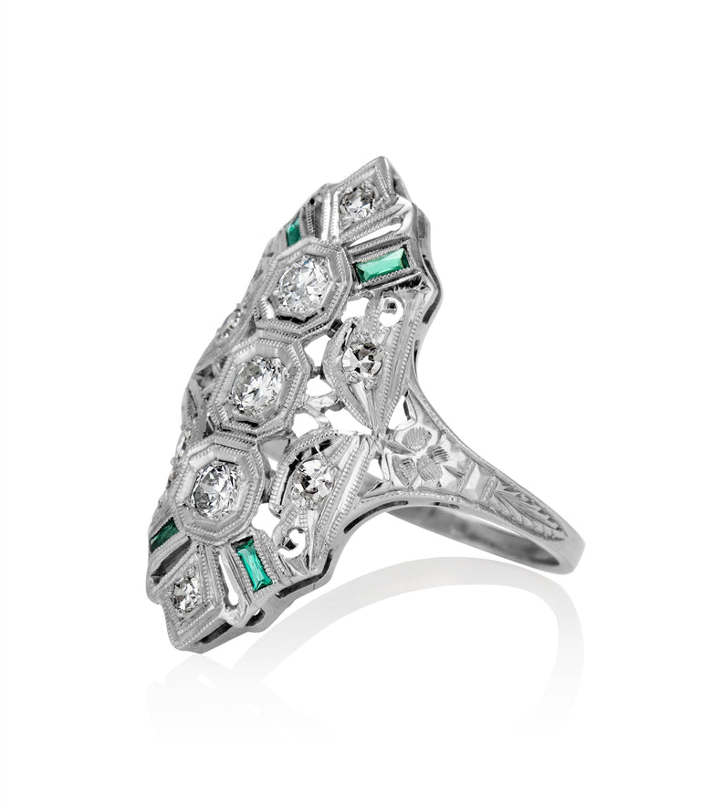 Art Deco .25 Carat Diamond and Simulated Emerald White Gold Navette Vintage Engagement Ring