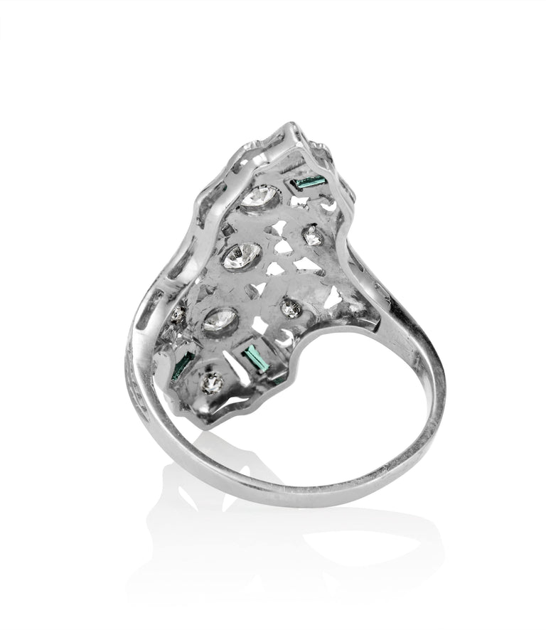 Art Deco .25 Carat Diamond and Simulated Emerald White Gold Navette Vintage Engagement Ring