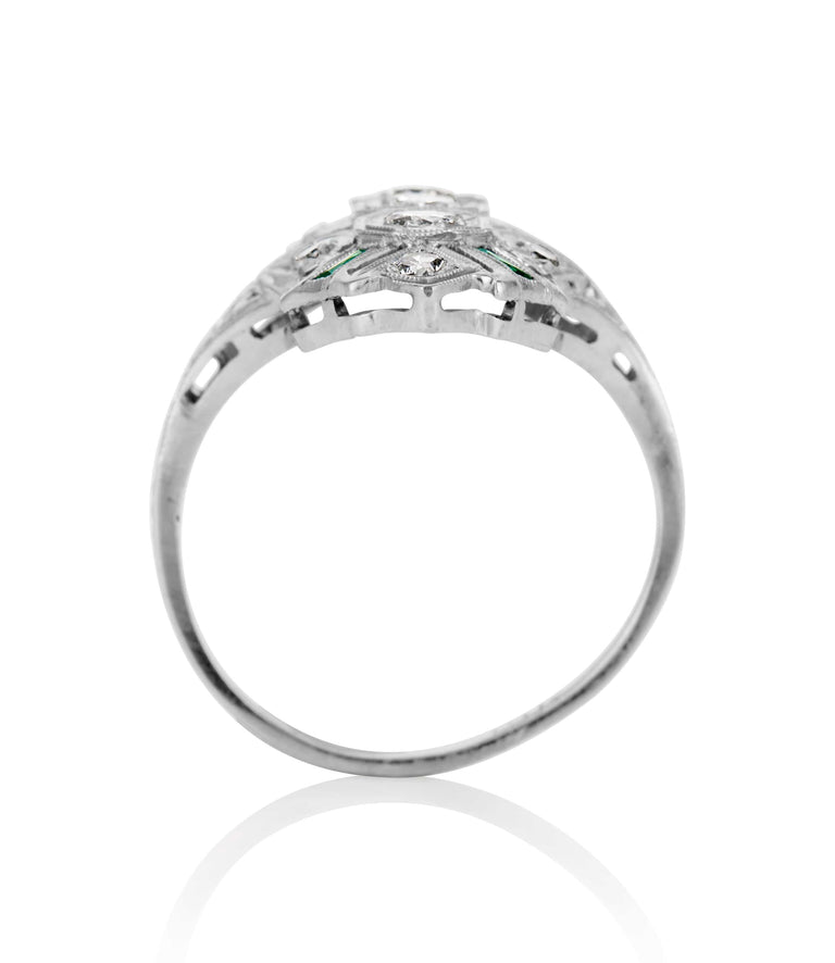 Art Deco .25 Carat Diamond and Simulated Emerald White Gold Navette Vintage Engagement Ring
